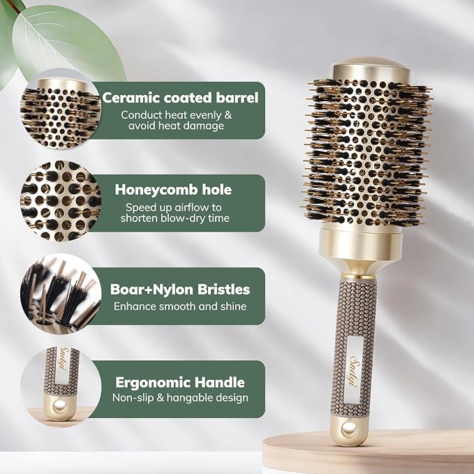 Round Brush for Blow Drying, Nano Thermal Ceramic & Ionic Tech Hair Brush with Boar Bristles, Professional Barrel Brush for Styling,Curling and Straightening by Sndyi (3.3 Inch, 2.1 Inch)