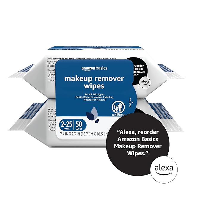 Amazon Basics Make Up Remover Wipes, Original, 25 Count, Pack of 2 (Previously Solimo)