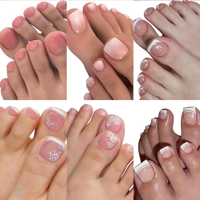 6 Packs (144 Pcs) Press on Toenails, French Tip, Pink, Flower, Glue on, Gel, Stick on, 12 Sizes-6 Styles