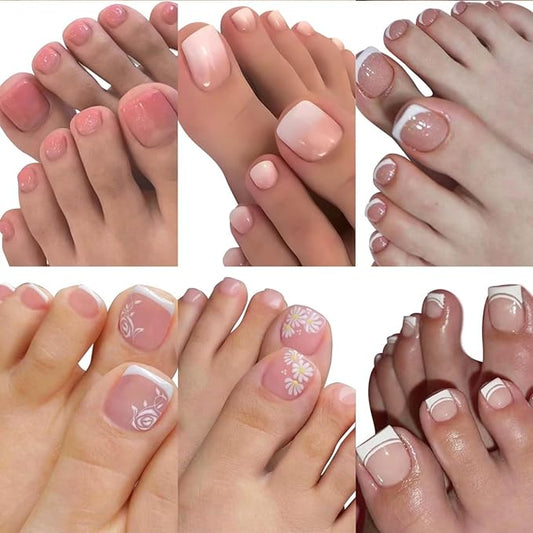 6 Packs (144 Pcs) Press on Toenails, French Tip, Pink, Flower, Glue on, Gel, Stick on, 12 Sizes-6 Styles