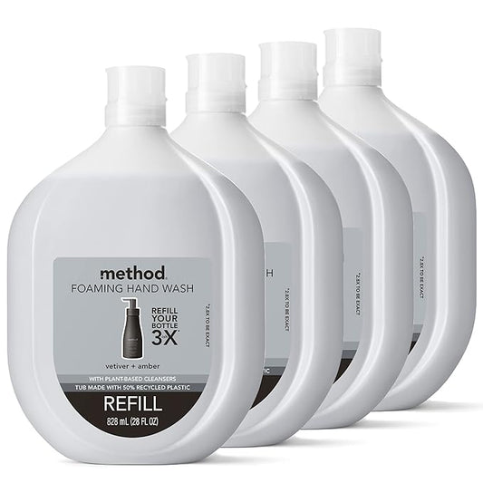 Method Premium Foaming Hand Wash Refill, Vetiver + Amber, Recyclable Bottles, Biodegradable Formula, 28 fl oz (Pack of 4) (Packaging May Vary)
