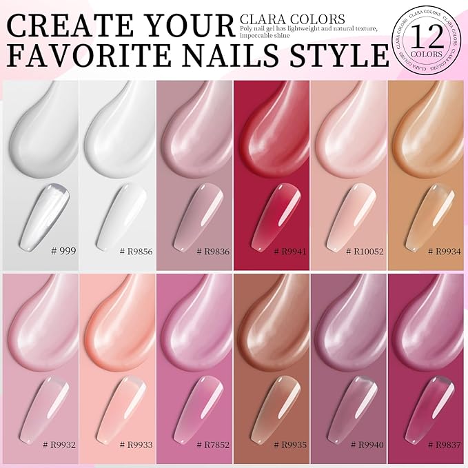 Clara Colors Poly Gel Nail Kit, 12 Colors Clear Jelly Nude Pink Poly Extension Gel Nail Kit All In One Polygel Nail Kit Starter Kit with Slip Solution and Tools for Nail Art DIY with Everything