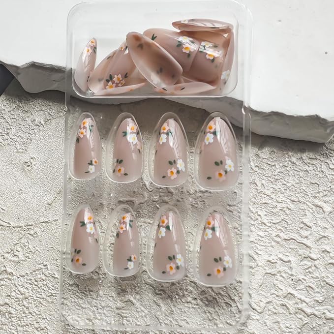 Small Flower Press on Nails Nude Full Cover Fake Nails Medium Almond False Nails with Design Spring Summer Nail Reusable Artificial Acrylic Stick on Nails for Women Manicure 24Pcs