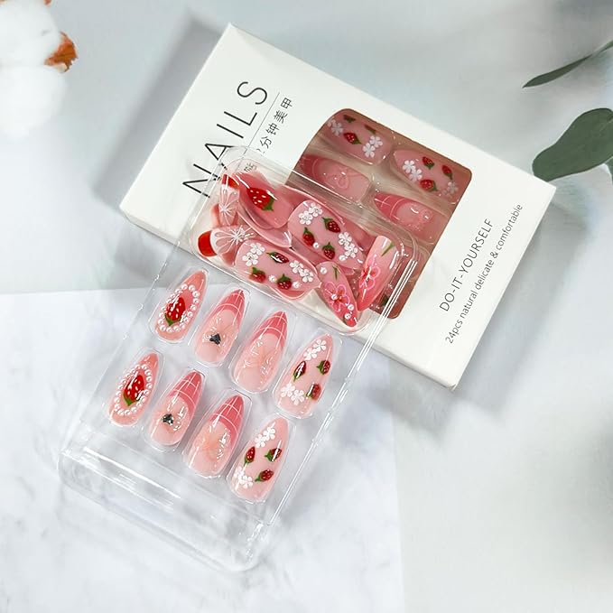 24Pcs Strawberry Press on Nails Medium Almond Fake Nails with 3D Pearl Designs Pink French Tip Acrylic Nail Cute Flower Bow False Nail Summer Glue on Nails for Women DIY Manicure
