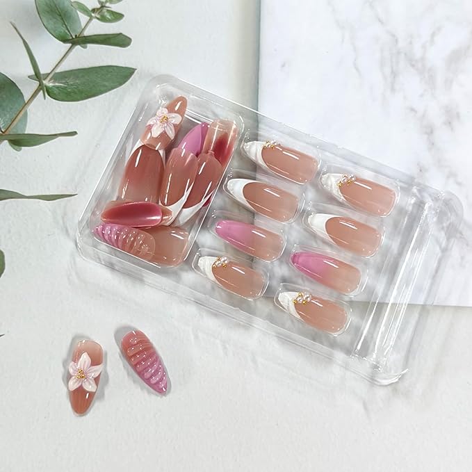 24Pcs Flower Press on Nails Medium Almond Fake Nails with 3D Floral Pearl Gold Beads Design White French Tip Nails Glossy Pink Nude Glue on Nail Full Cover Acrylic Stick on Nail for Women