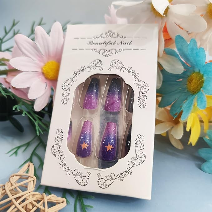Starry Sky Acrylic Full Cover Fake Nails 24Pcs Milky Way Press on Nails Glossy Purple Gradient Medium Coffin False Nail Universe Gel Glue on Fingernails Gold Stars Stick on Nail for Holiday Manicure