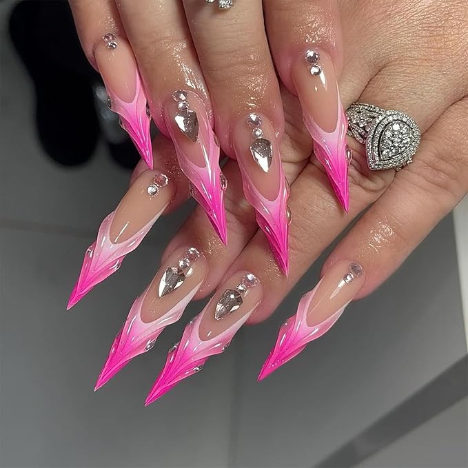 IMRAIN Press on Nails Long Stiletto Fake Nails Pink Gradient 3D Wave French Tips False Nails with Rhinestone Designs Full Cover Handmade Artificial Glossy Glue Stick on Acrylic Nails for Women 24Pcs