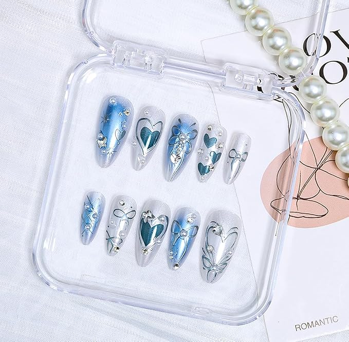 24Pcs Blue Almond Press on Nails Medium Bow Fake Nails with 3D Pearl Butterfly Heart Rhinestones Design Gradient Blue Glue on Nails Y2K Heart Star Acrylic Nails Bows False Nails for Women