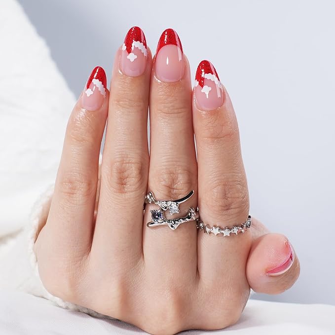 Christmas Press On Nails - Candycap Short Almond Fake Nails, Red French Tip Press On Nails Reusable Stick On Nails in 16 Sizes, 32pcs False Nail Kit for Women & Girls