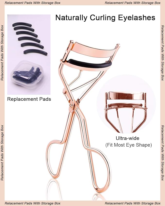 Eyelash Curler Kit Metal Lash Curlers with Mascara Applicator Eyelashes Separator Comb & 6 Replacement Refill Pads (Rose Gold)