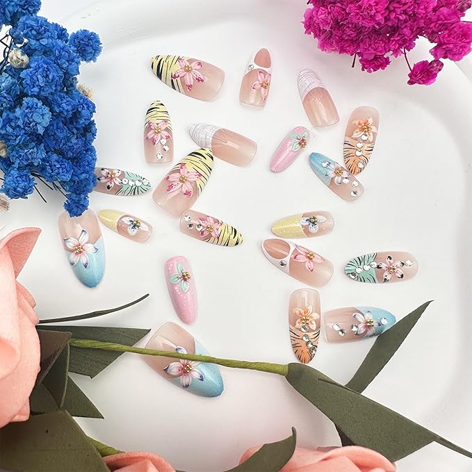 30Pcs Colorful Flower Press on Nails Medium Almond Fake Nails with 3D Gold Beads Rhinestones Design White Leopard Line French Tip False Nails Pink Nude Stick on Nails for Spring Summer Nails