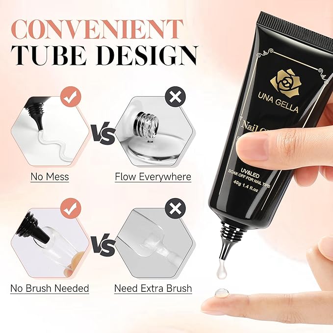 UNA GELLA Gel Nail Glue, Solid Nails Gl ue Gel 40ml Lamp Curing Needed Soak Off G LUE Strong Nail G LUE G el for Acrylic Fake Nails Tips Extension Press On Nails for Gelly Tips