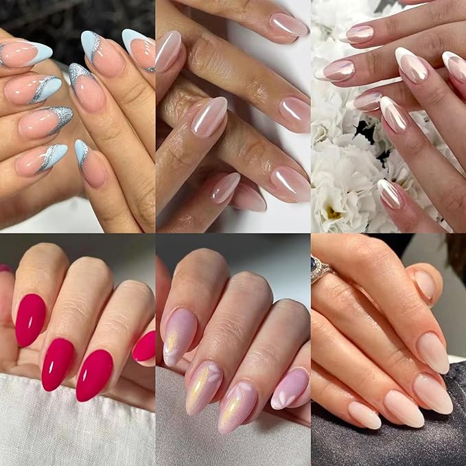 6 Packs (144 Pcs) Almond, Pink Press on Nails - Medium, Short, French Tip, Ombre, Gel False Nails - 12 Sizes, 6 Styles