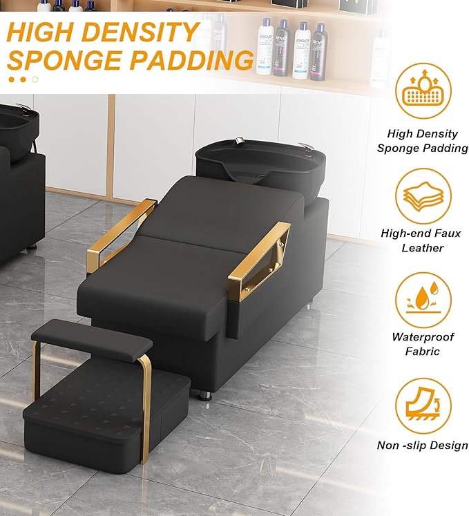 Shampoo Bowl and Chair Set for Salon, Hair Washing Station for Hair Stylist, ABS Backwash Shampoo Bowl Sink with Independent Footrest for Spa Beauty Barbershop(Black+Gold)
