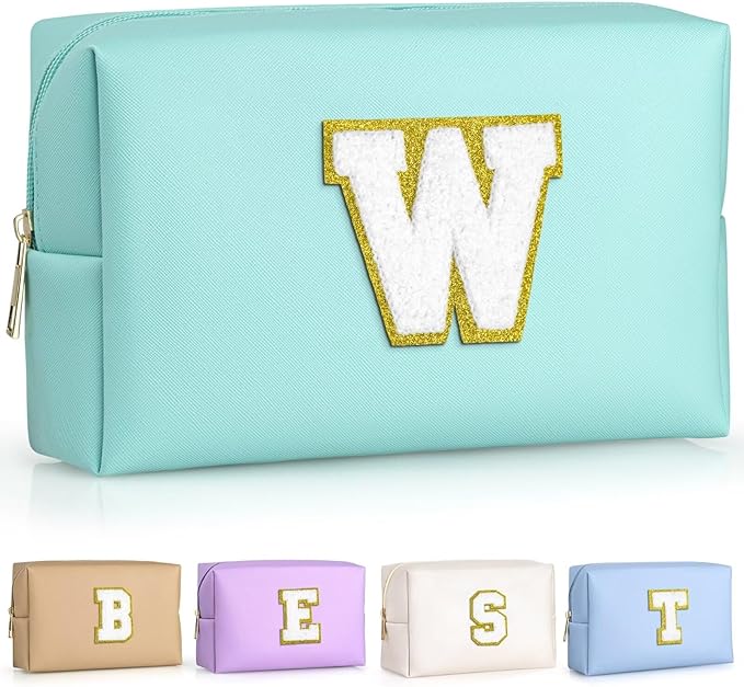 TOPEAST Initial Makeup Bags for Women, Cute Makeup Pouch, Waterproof Travel Toiletry Bag, Personalized Gifts for Girlfriend Wife on Valentine's Day Anniversary, Preppy Stuff Gift for Girl (Blue W)