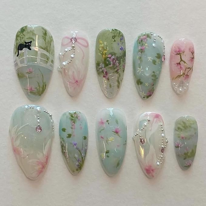 24Pcs Handmade Press on Nails Medium Almond Fake Nails Green Pink Flower Cute Cat Full Cover Glue on Nails Rhinestones Charms Glitter Designs Spring Summer False Nails for Women Girls Acrylic Nails