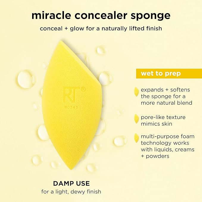 Real Techniques Miracle Concealer Sponge, Makeup Blending Sponge For Liquid & Cream Concealer, Elongated Shape For Precise Application Under Eyes & Tight Areas, Yellow, Latex-Free Foam, 2 Count