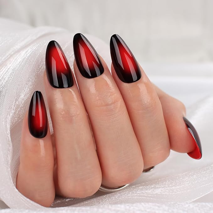 Medium Almond Press On Nails – Red and Black Gradient Glossy Acrylic Fake Nails, 24PCS Reusable Stick On Nails Kit with Glue & Tools for Women, Shiny Vampire Ombre Nails for Party & Everyday Wear