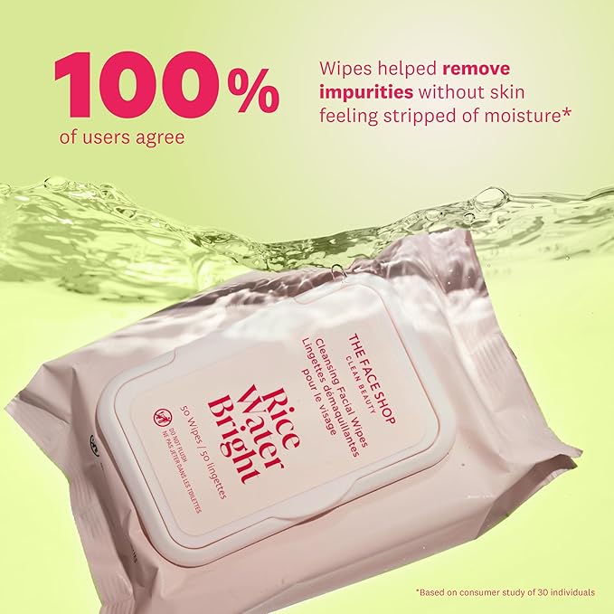 The Face Shop Rice Water Bright Makeup Remover Wipes for Face with Rice Extract, Brightening, Moisturizing, Infused with Cleansing Milk, Vegan Disposable Cleansing Facial Wipes, Korean Skin Care