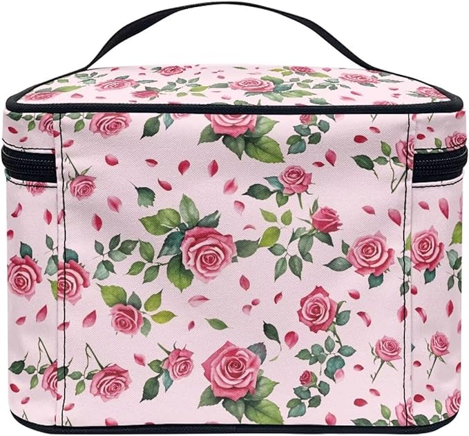 Rose Hearts Valentine's Day Print Travel Makeup Bags for Women Portable Tote Cosmetic Case with Carry Handle Toiletry Accessories Storage Organizer Bags