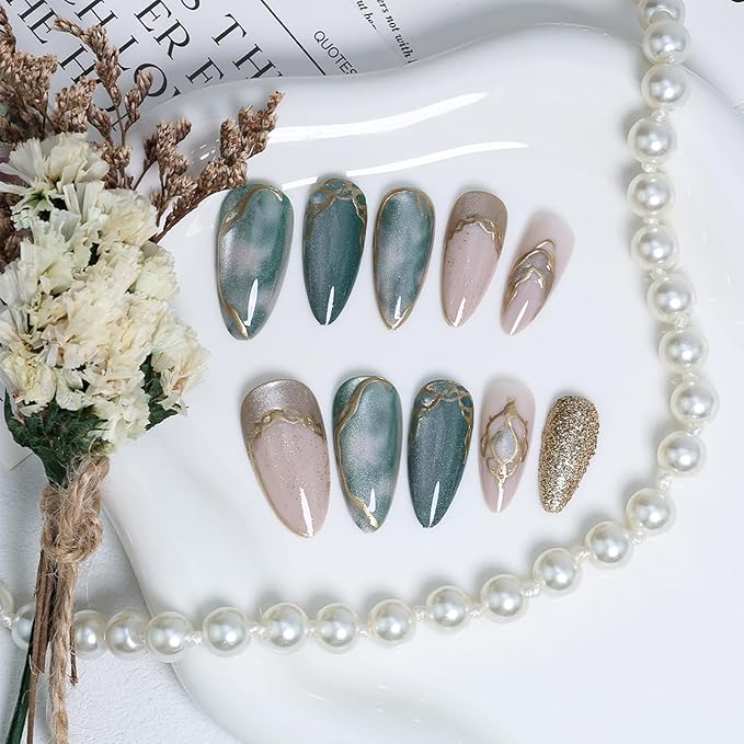 Almond Press on Nails Medium Fake Nails Green False Nail with Gold Glitter Design Handmade Artificial Acrylic Nail Press ons Reusable Almond Nails Glue on Nail for Women Girls 24Pcs