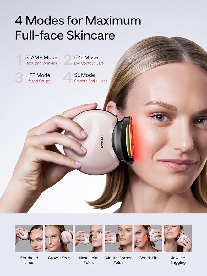 JMOON Microcurrent Facial Device, M30U Red Light Therapy for Face, Safe Anti Aging Skin Care, 4 Modes, 5 Energy Levels for Full Face Lift and Ideal for Smile Lines, Eyes, and Forehead (Pink)