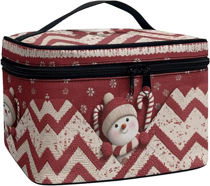 Snowman Chevron Print Travel Makeup Bags for Women Portable Tote Cosmetic Case with Carry Handle Toiletry Accessories Storage Organizer Bags for Christmas, Red