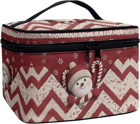 Snowman Chevron Print Travel Makeup Bags for Women Portable Tote Cosmetic Case with Carry Handle Toiletry Accessories Storage Organizer Bags for Christmas, Red