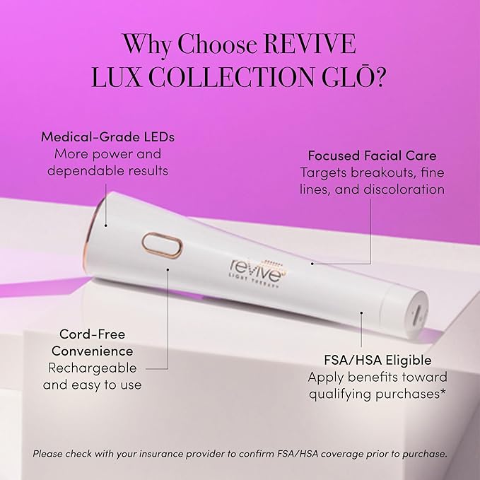 reVive Lux Collection Glo Aging & Acne Device, FDA-Cleared & Medspa-Quality Blue Light, Red, Amber & Infrared Acne Tools, Science-Backed LED Light Therapy Products