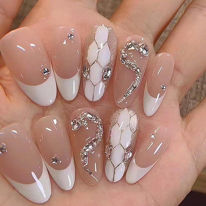 French Tip Press on Nails Medium Almond Fake Nails 3D Snake Rhinestones Design Nude Pink Acrylic Nails White French Nails Tip Glossy Glue on Nails Full Cover Artificial False Nails for Women 24Pcs
