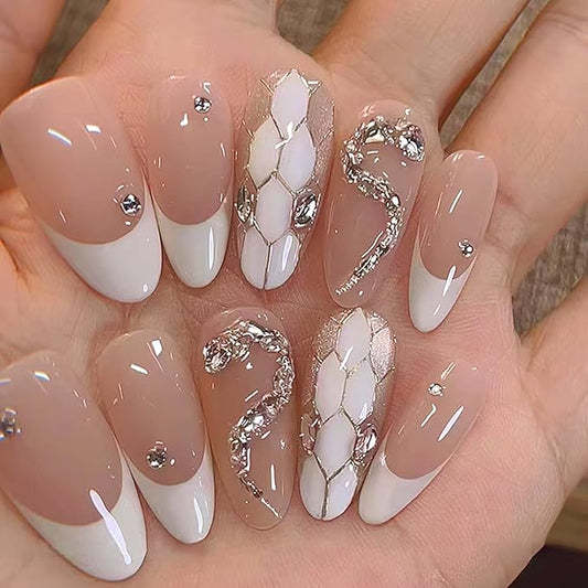 French Tip Press on Nails Medium Almond Fake Nails 3D Snake Rhinestones Design Nude Pink Acrylic Nails White French Nails Tip Glossy Glue on Nails Full Cover Artificial False Nails for Women 24Pcs