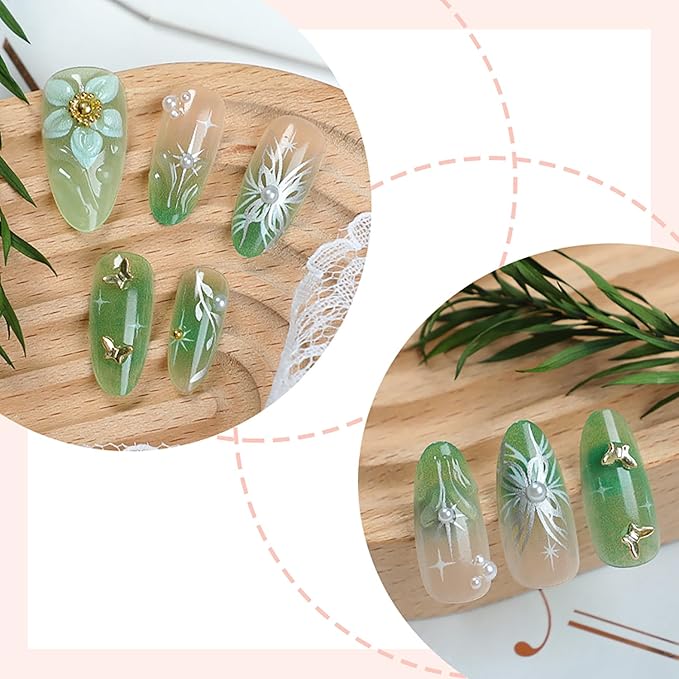 30Pcs Green Press on Nails Medium Almond Fake Nails with 3D Pearl Gold Beads Designs Stick on Nails 3D Flower Butterfly False Nails Spring Summer Acrylic Nails Silver Star Glue on Nails for Women