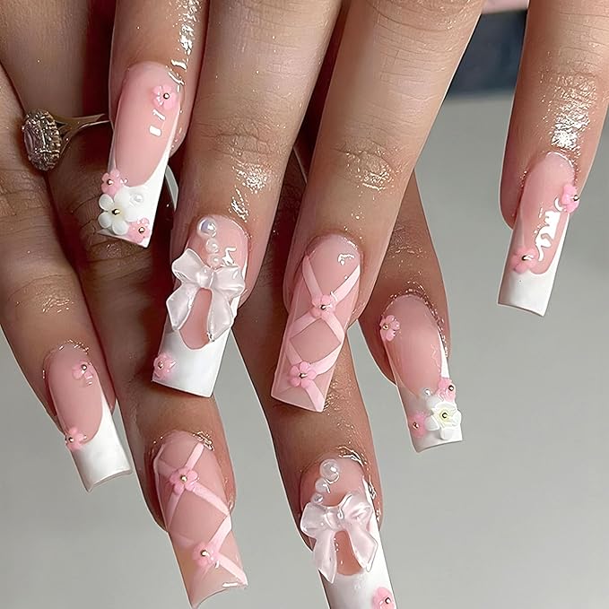 Long Press on Nails Square Plastic False Nails 24Pcs Glossy Extre Long Glue on Nails for Girls and Women with Lines 3D Bow Flower Design Pearl White French Tip Nails