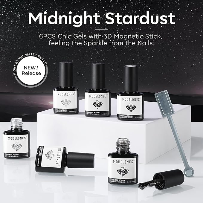 modelones Gel Nail Polish Set, 6 Colors Cat Eye Black White Gray Silver Glitter Shimmer Gel Polish Kit with Magnet Sparkle Galaxy Series Soak Off Nail Art Manicure Home Gift for Women Girl