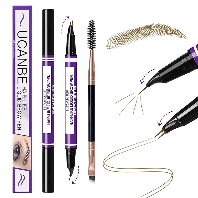 UCANBE Curved Eyebrow Pencils for Women with Spoolie Brush,Dual-Ended Eyebrow Pen with 2-Fork-Tip&Precise Brush-Tip,Microblading Brow Pen for Hair-Like Brows,Waterfool, Long Lasting,Light Brown