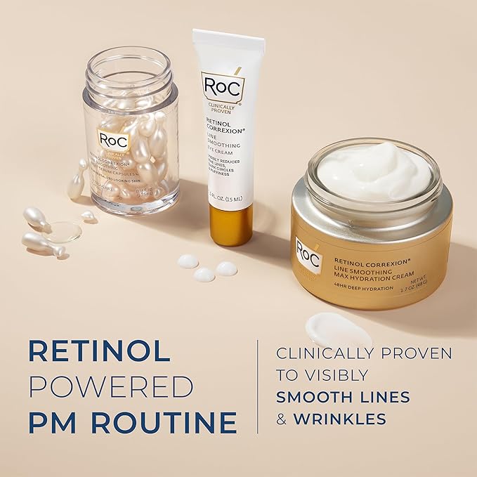 RoC Retinol Correxion Line Smoothing Eye Cream + Retinol Serum Capsules For Night + Max Hydration Crème With Hyaluronic Acid For Day, Skin Care Routine for Women and Men