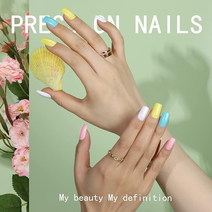 FANDAMEI 24 Colors Press on Nails Square, 24 Packs 576PCS Press on Nails Medium Glossy, Lightweight Natural Fake Nails Full Cover, False Nails with Glue, Short Square Acrylic