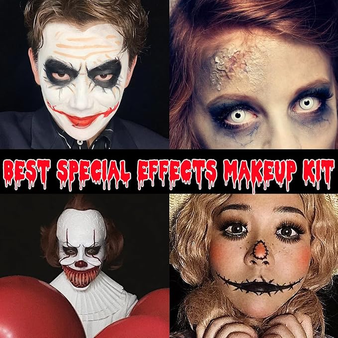 Bowitzki Halloween Makeup Set Special Effects Kit Cream Face Paint Water Based Liquid Latex Fake Blood Brush Sponges Body Painting SFX Zombie Vampire Monster Christmas Party (No Scar Wax)