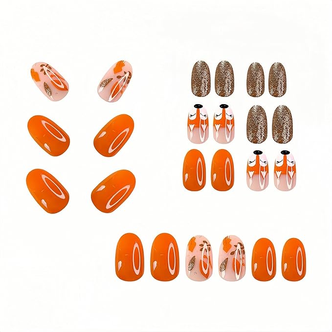 24Pcs Autumn Fallen Leaves Press on Nails Short Oval Thanksgiving Fake Nails with Fox French Design Orange Stick on Nails Fall Rose Gold Glitter Full Cover Glue on Nail Glossy Acrylic Nails for Women