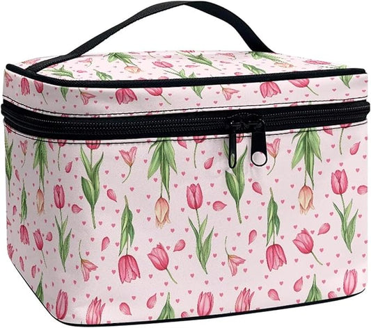 Pink Tulip Floral Heart Print Travel Makeup Bags for Women Portable Tote Cosmetic Case with Carry Handle Toiletry Accessories Storage Organizer Bags for Valentine's Day Mother's Day