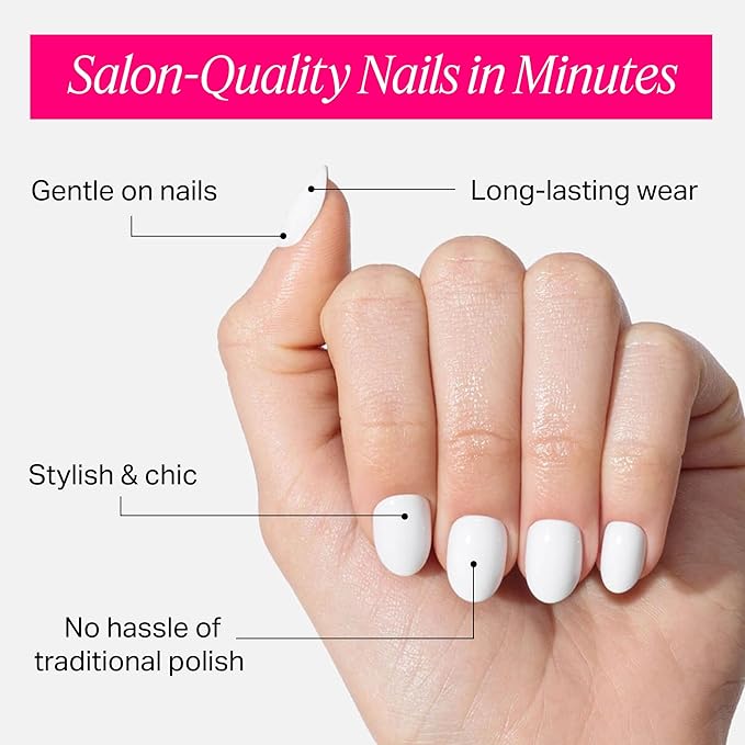 Nailboo Press On Nails, Salon-Quality Reusable Fake Nails for Fast DIY Manicure with Strong Hold Nail Glue for Press Ons, Nail File, & Alcohol Prep Pads, Here’s A Tip, Round
