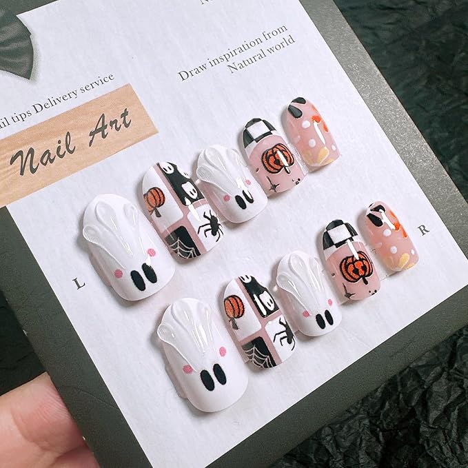 24Pcs Halloween Press on Nails Short Almond Fake Nails White Ghost Acrylic Nails with 3D Designs Horror Spider Pumpkin Glue on Nails Ghost Flower Spider Web False Nail Tips for Women Nail Designs