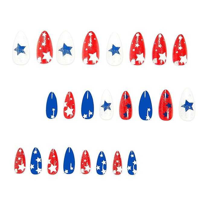 IMRAIN Independence Day Press on Nails Medium Almond Fake Nails Red Blue Star False Nails Full Cover Sparkly Glue on Nails Glossy Glitter Stick on Acrylic Nails for Coquette Women Girls