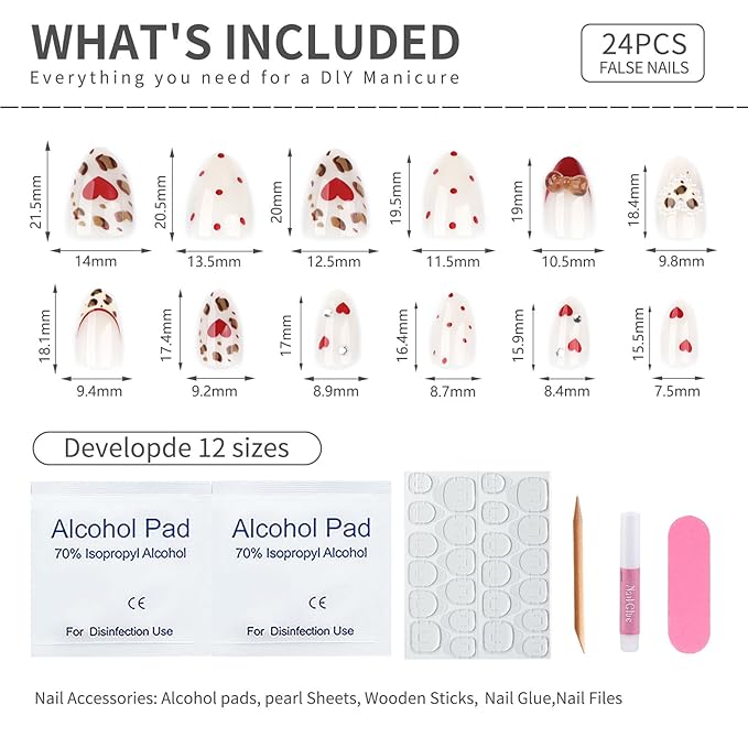 Nude Almond Press On Nails Short, Cute Fake Nails with Red 3D Bow Heart Leopard Pearl & Rhinestone Detail, Glossy Gel Finish Acrylic Nails, Party Reusable Glue On Nails Kit for Women, 24Pcs