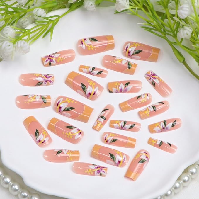 French Tip Press on Nails Medium Length Square Fake Nails with Flower Designs Orange Nails Press ons Fall False Nails for Women 24Pcs