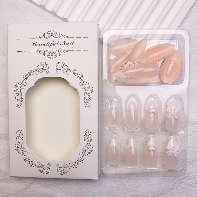 French Tip Press on Nails Medium Almond Fake Nails Bow Charms Stick on Nails with White Nail Tips Designs Heart Flowers Acrylic Nails for Women Girls 24Pcs