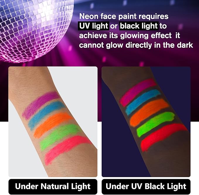 15PCS Glow Body & Face Paint,Glow in The Under UV Light or Black Light,Makeup Face Paint for Kids and Adults Halloween Club Birthday Party Masquerade,Neon Glow Party Supplies