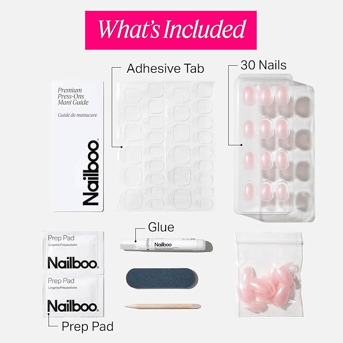 Nailboo Press On Nails, Salon-Quality Reusable Fake Nails for Fast DIY Manicure with Strong Hold Nail Glue for Press Ons, Nail File, & Alcohol Prep Pads, Bubble Bath