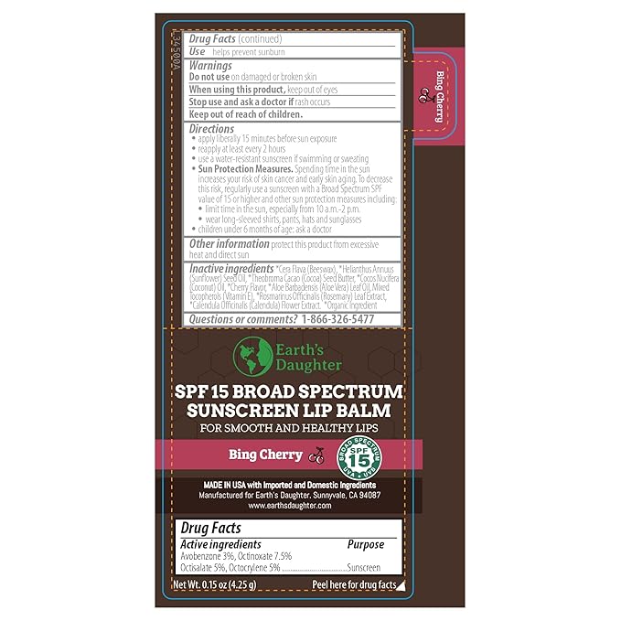 Earth's Daughter SPF Lip Balm Cherry Flavor 4-Pack Stocking Stuffers - Lip Sunscreen, SPF 15, Organic Ingredients, Beeswax, Coconut Oil, Vitamin E - Hypoallergenic, Paraben Free, Gluten Free
