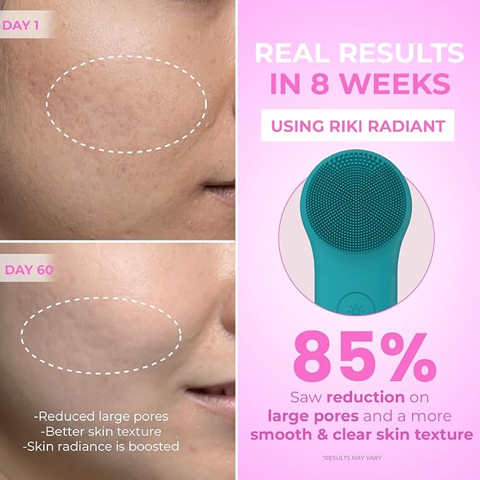 Riki Radiant Electric Silicone Face Scrubber - 2-in-1 Facial Rotating Vibrating Exfoliating Brush - Waterproof & Portable, Rechargeable, for Cleaning, Exfoliation, Massage, for Men & Women (Green)